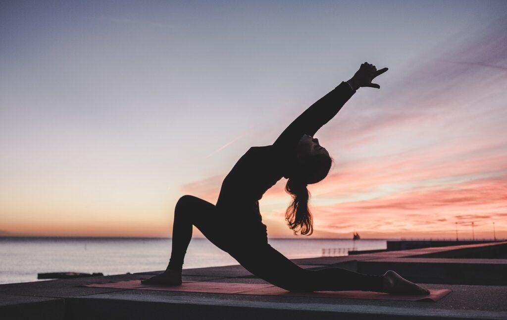 yoga, outdoors, sunrise, meditation, fitness, workout, exercise, woman, nature, twilight, dusk
